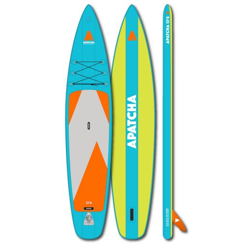 The 12'6 Sky board is the longest and fastest Apatcha board. Thanks to the flat touring shape and the generous width of 32'' it is suitable for longer trips and heavier paddlers.