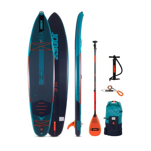 The Jobe Duna 11.6 Inflatable stand up paddle board has received some serious design changes including a more rounded tail where form meets function! It doesn't just look better, the design changes have a practical use and make for an integrated storage cord and handles.
