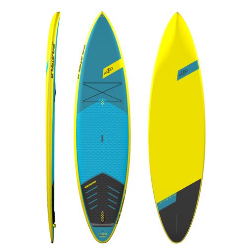The subtle displacement bow flowing into a double concave bottom with soft thin rails and narrow tail provides a combination of good glide, stability and solid surfing characteristic. The Hybrids feature a long efficient water line offering a superior paddling sensation on flat water with the longboard type of tail for easy rail to rail transfers in the surf.