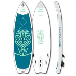 The widest point of the 10’2 River SUP is behind the middle, the rocker lines on the front and the rear end run progressively. This combination ensures agility and precise steering. It is very stable and ideal for beginners and heavy paddlers. The construction with woven real double layers makes the board very stiff and dureable, yet no too heavy.