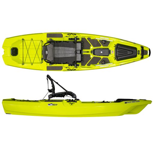 A shorter version of its big brother, the SS107 retains virtually all the same features of the larger model, coming in at 10’7” length for those looking for improved portability and transportation options. It retains the hybrid catamaran hull design and HiRise seating system and an almost identical deck space for standing and moving around the boat.