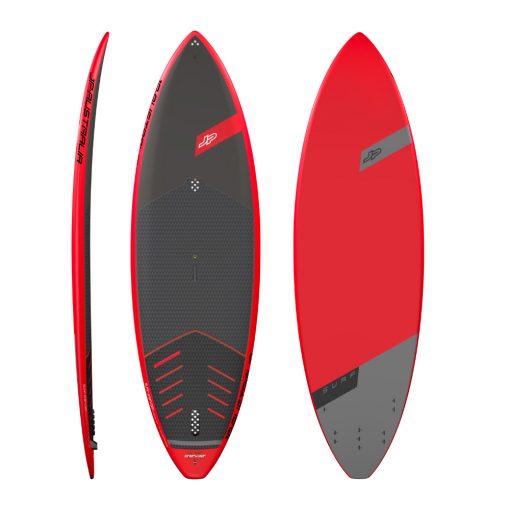 The JP-Australia Surf range is designed for the “no-compromise”, top to bottom performance in the proper surf conditions for riders of all sizes. The whole Surf line has unique features: single to double concave flowing into a V tail, pulled in nose and tail, progressive rocker line and thin rails. The sophisticated color scheme, with black shades on the deck and red rails, creates a powerful design to this product. In addition, its pure performance-oriented layup makes the Surf the best choice for the perfectionist wave riders. All of the boards come with a 5 fin setup option and 3 fins.