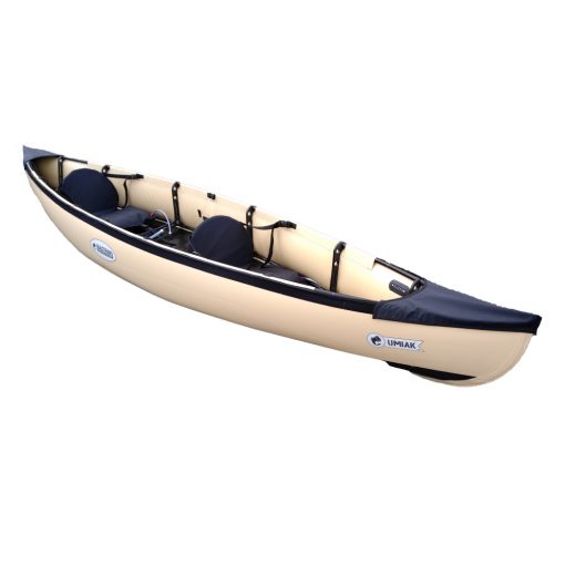 The Umiak 390 features a canoe hull while still allowing its occupants to paddle like in a kayak with a double bladed paddle. This unique concept is an alternative to fully inflatable kayaks. The Umiak 390 frame is made up of 5 aluminium tubes, giving it unrivalled rigidity in its category. With smooth lines, the Umiak boasts greater hydrodynamic properties. Its low pressure inflatable sides need no tedious inflating (kite-surfing’s ‘bladder’ technique).